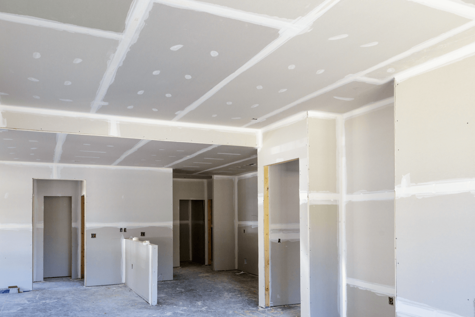A home that has had drywall recently installed on the walls.