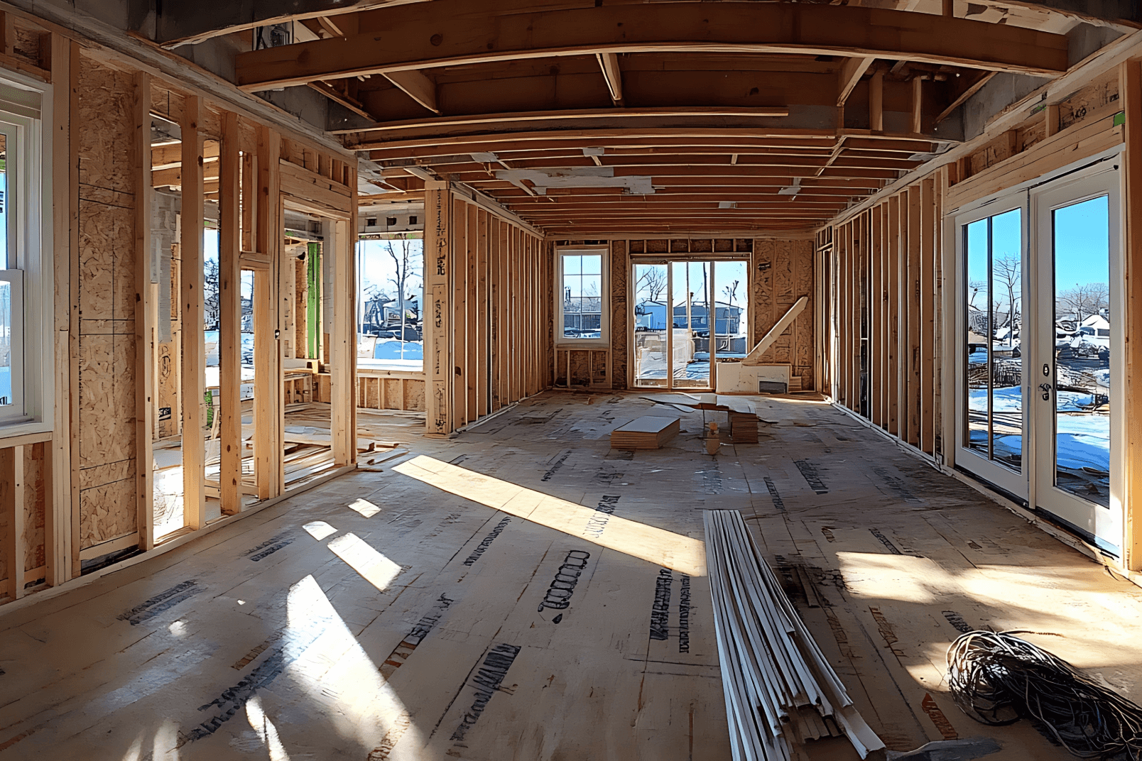 Sub flooring surrounded by open walls (studs)