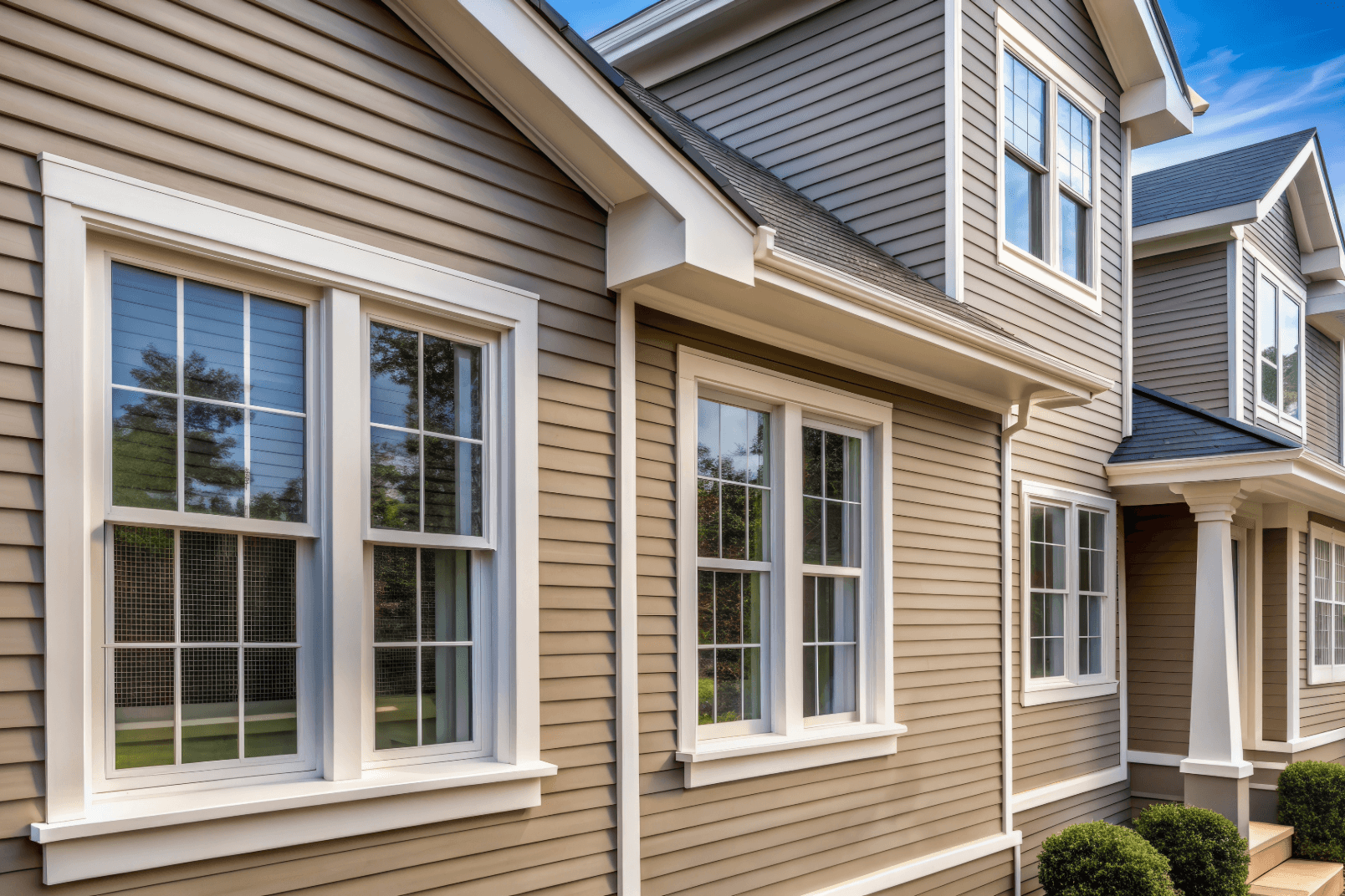 Side of a house with gray vinyl siding